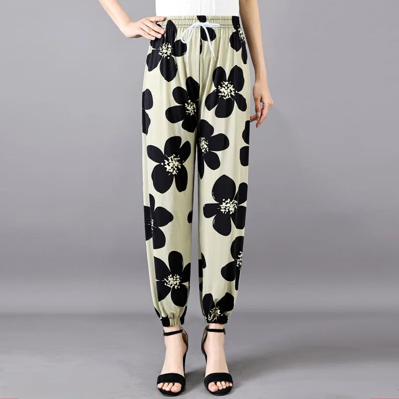 Summer Ladies Ice Silk Loose Casual Home Pants Elastic plus Size Mom Square Sports High Waist Straight Leg Length Nine Points