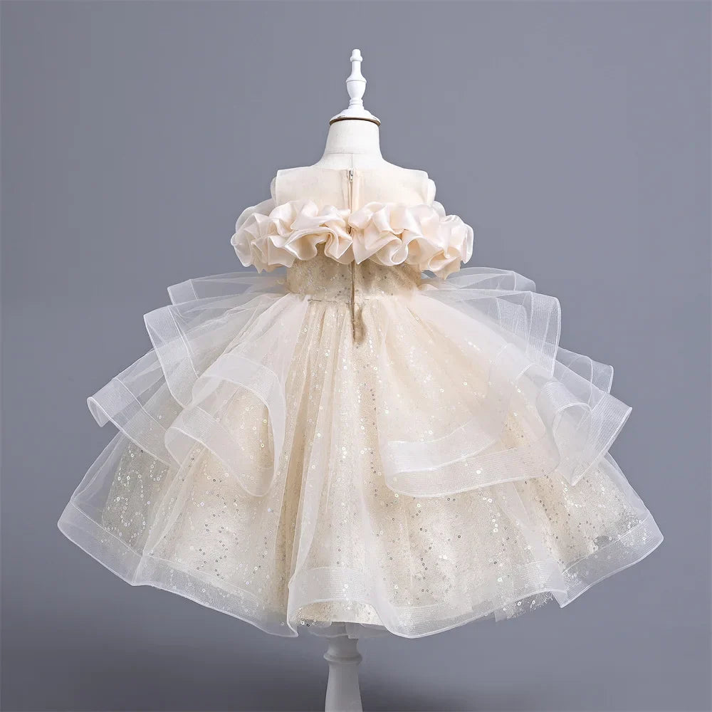 New Girl's Wedding Evening Dress Petal Sequin Mesh Sleeveless Dress Birthday Party School Graduation Party Dress