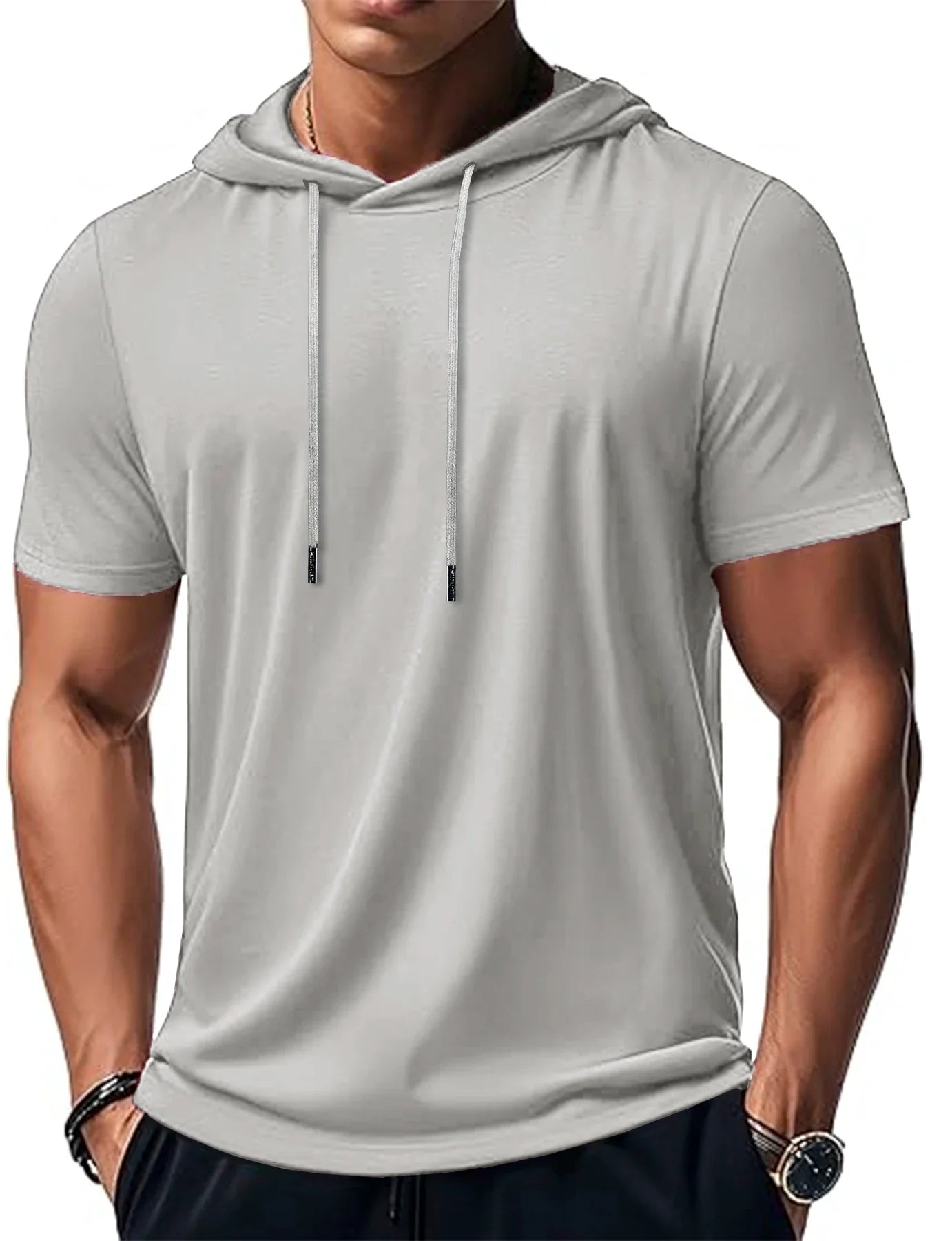 New Mens Short Sleeve Loose T-shirt Multi Solid Color Lightweight Hoodie Fitness Breathable Collar Tops Summer Hooded Sweatwear