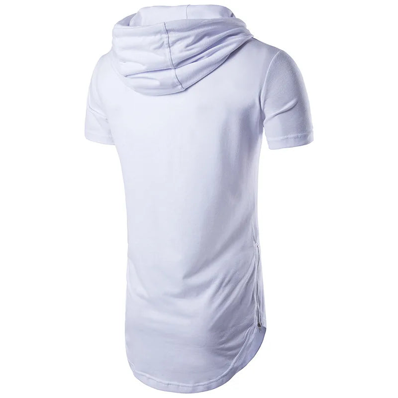 2025 Men's Summer Short Sleeve Hooded T-Shirt Solid Long Hip Hop Tops Fashion Side Zipper Streetwear Casual Sport Tees for Men