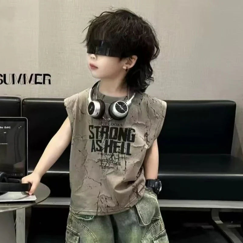 Kids Boy New Outfit Set Korean Children's Summer Clothing Denim Shorts +Thin Tie Dye Vest Sleeveless T-shirt 2-piece Set