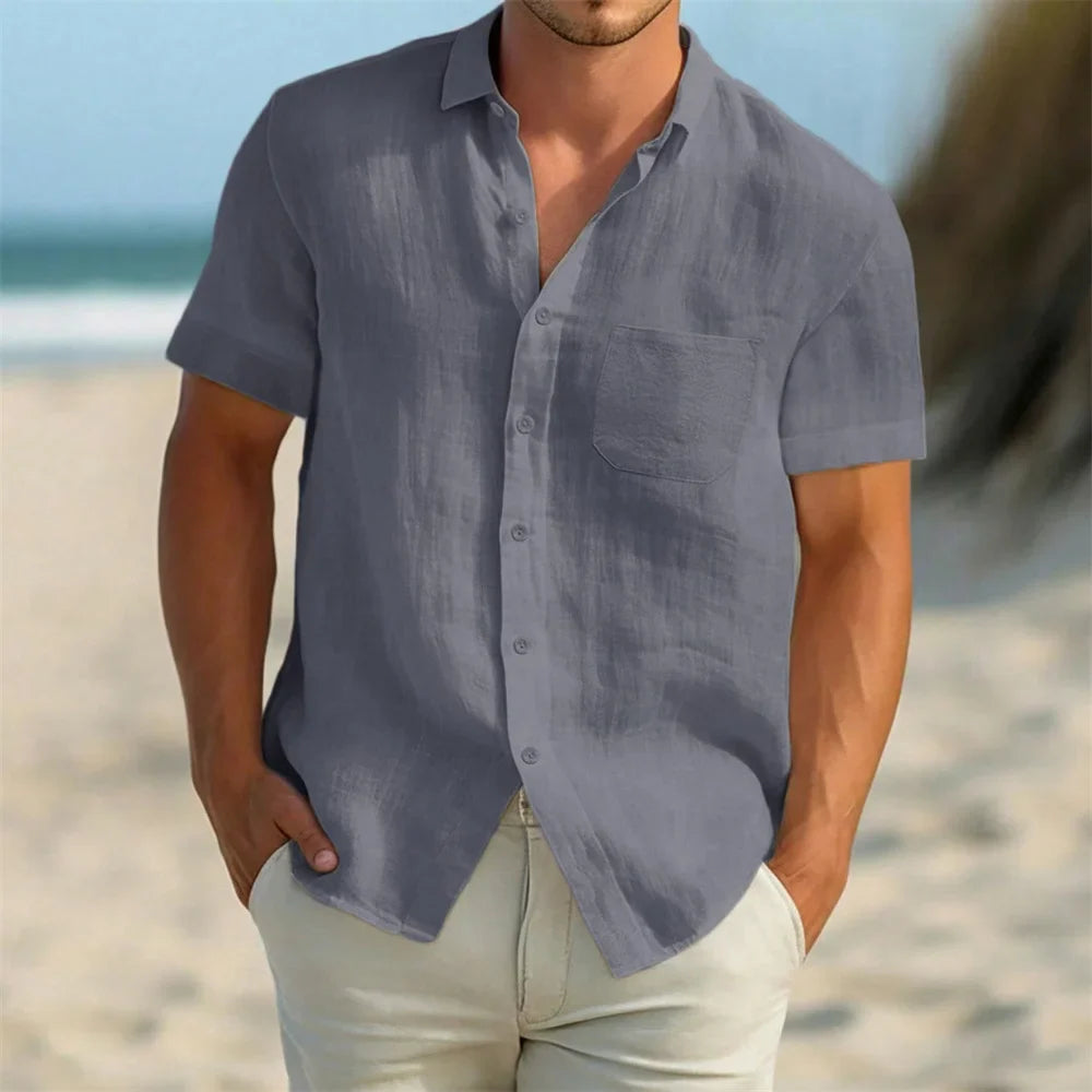 Men's Short Sleeve Shirts Cotton Linen Breathable Lightweight Cozy Beach Style Shirt Solid Color Casual Vacation Classic Tops