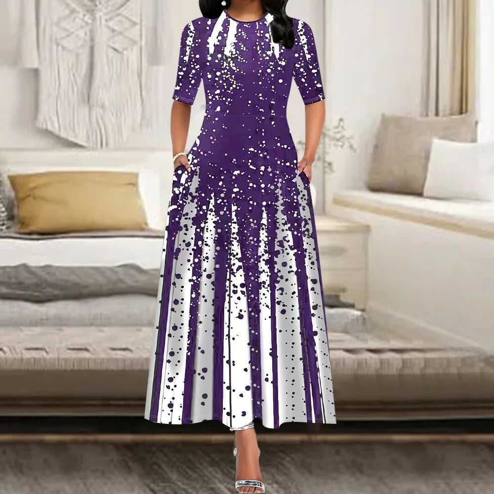 Women's Elegant Party Long Dresses Loose Round Neck Short Sleeves Retro Printed Casual Long Dress