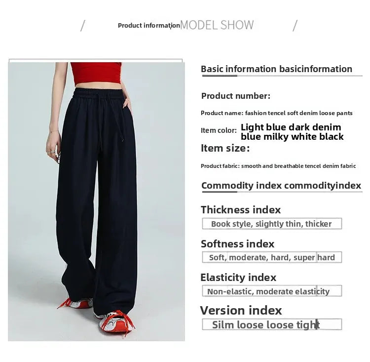 White Ice Silk Wide Leg Pants Women's Summer Thin High Waist Slimming Casual Versatile Elastic Waist Draped Straight Leg Trouser