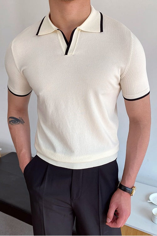 Men's Polo Shirt Elbow-Sleeved T-shirt Fashion Polo Collar Slim-Fit Men Clothing Woolen Sports Polo Tee Shirt Man Golf Shirt EUR
