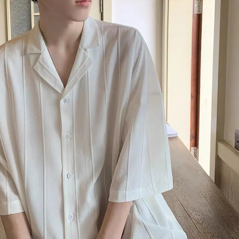 Striped Shirts and Blouses for Men Short Sleeve Man Tops Cotton Regular Original Xxl High Quality Asia with Collar S I Clothing