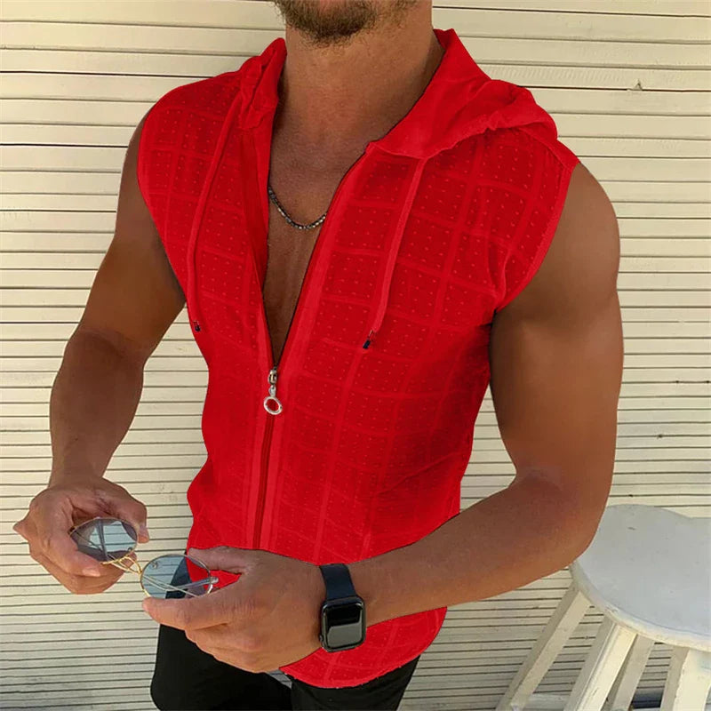Short sleeved hooded zippered cardigan T-shirt for men's summer new fashionable plaid sleeveless t-shirt for men's lapel top