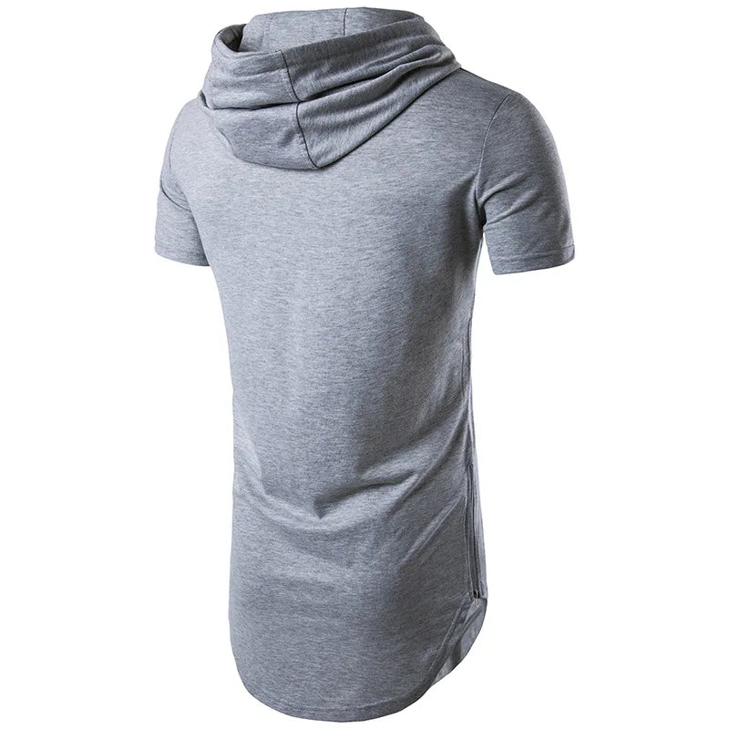2025 Men's Summer Short Sleeve Hooded T-Shirt Solid Long Hip Hop Tops Fashion Side Zipper Streetwear Casual Sport Tees for Men