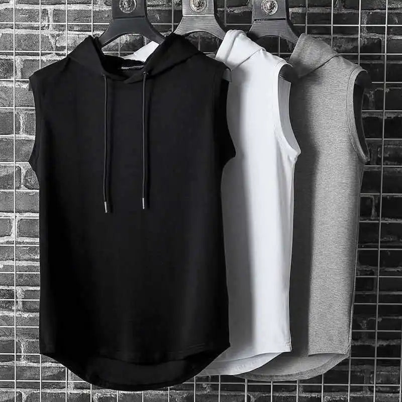 Summer men's sleeveless hooded vest, casual style solid color versatile T-shirt