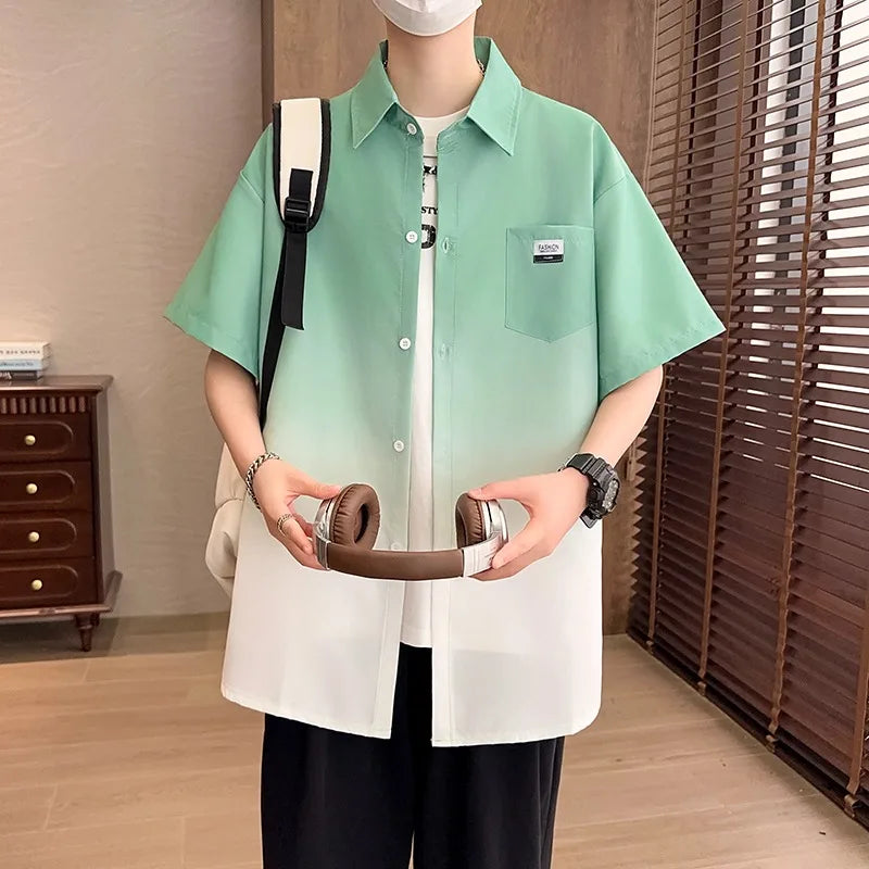 Short sleeved shirt for men, summer gradient loose shirt, retro casual trend, solid color, color blocked half sleeve