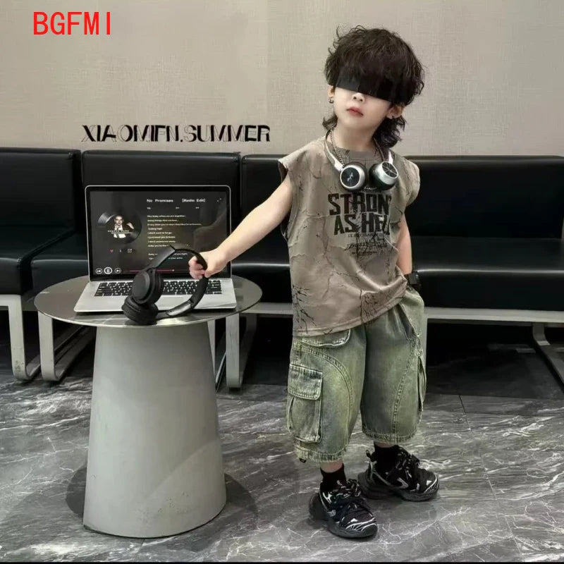 Kids Boy New Outfit Set Korean Children's Summer Clothing Denim Shorts +Thin Tie Dye Vest Sleeveless T-shirt 2-piece Set