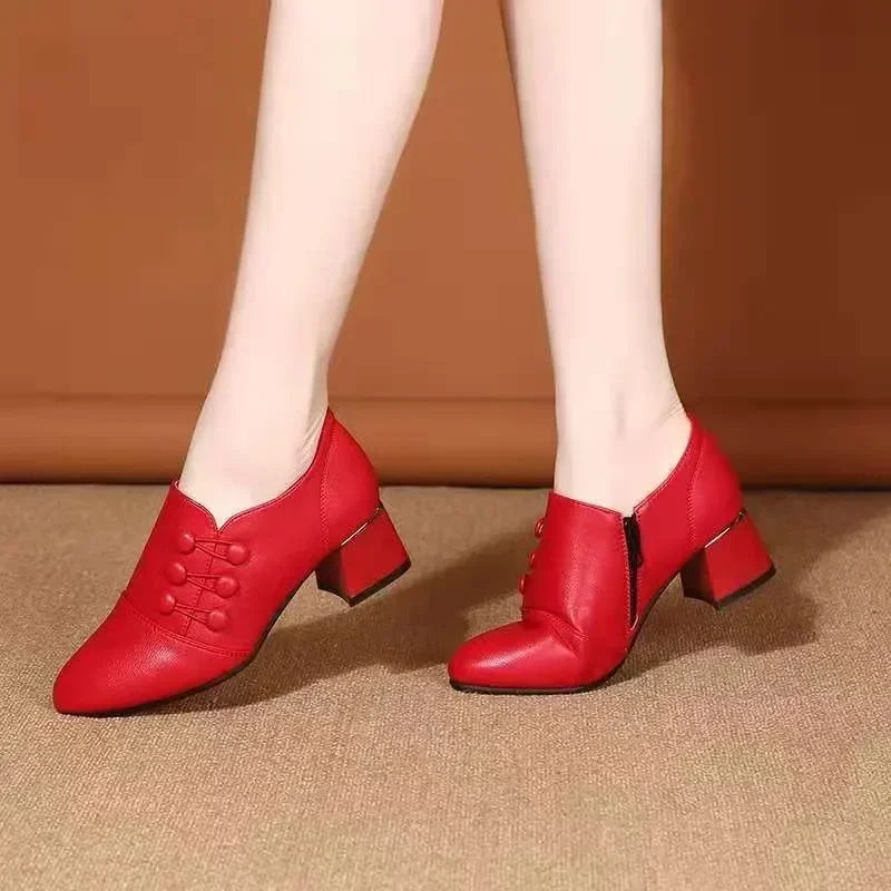 Women's Boots New Casual Leather Shoes for Women Comfort Office Low Boots Pointed Toe Ladies High Heels Red Wedding Shoes