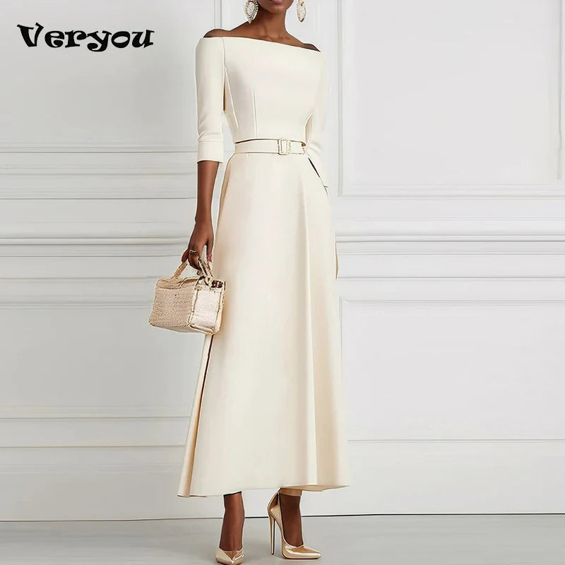 Elegant Party Dresses For Women One Shoulder Half Sleeve High Waisted A-Line Long Dress Women Offfice Dress White
