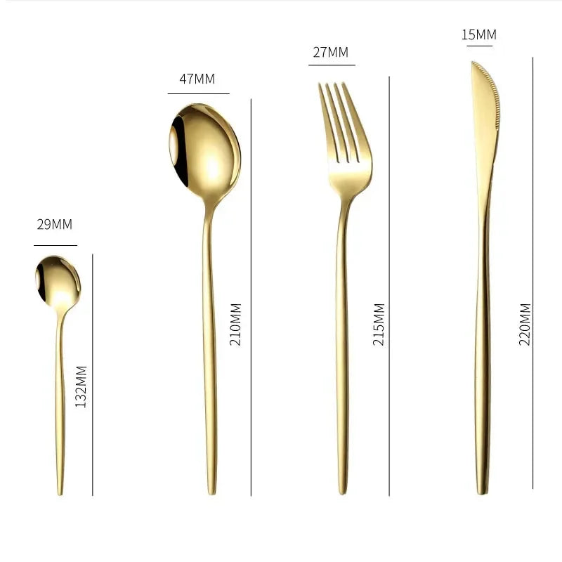 24PCS Cutlery Set Stainless Knife Fork Spoon Flatware Tableware Set Gold Gift Box Portable Dinnerware Dishwasher Kitchenware