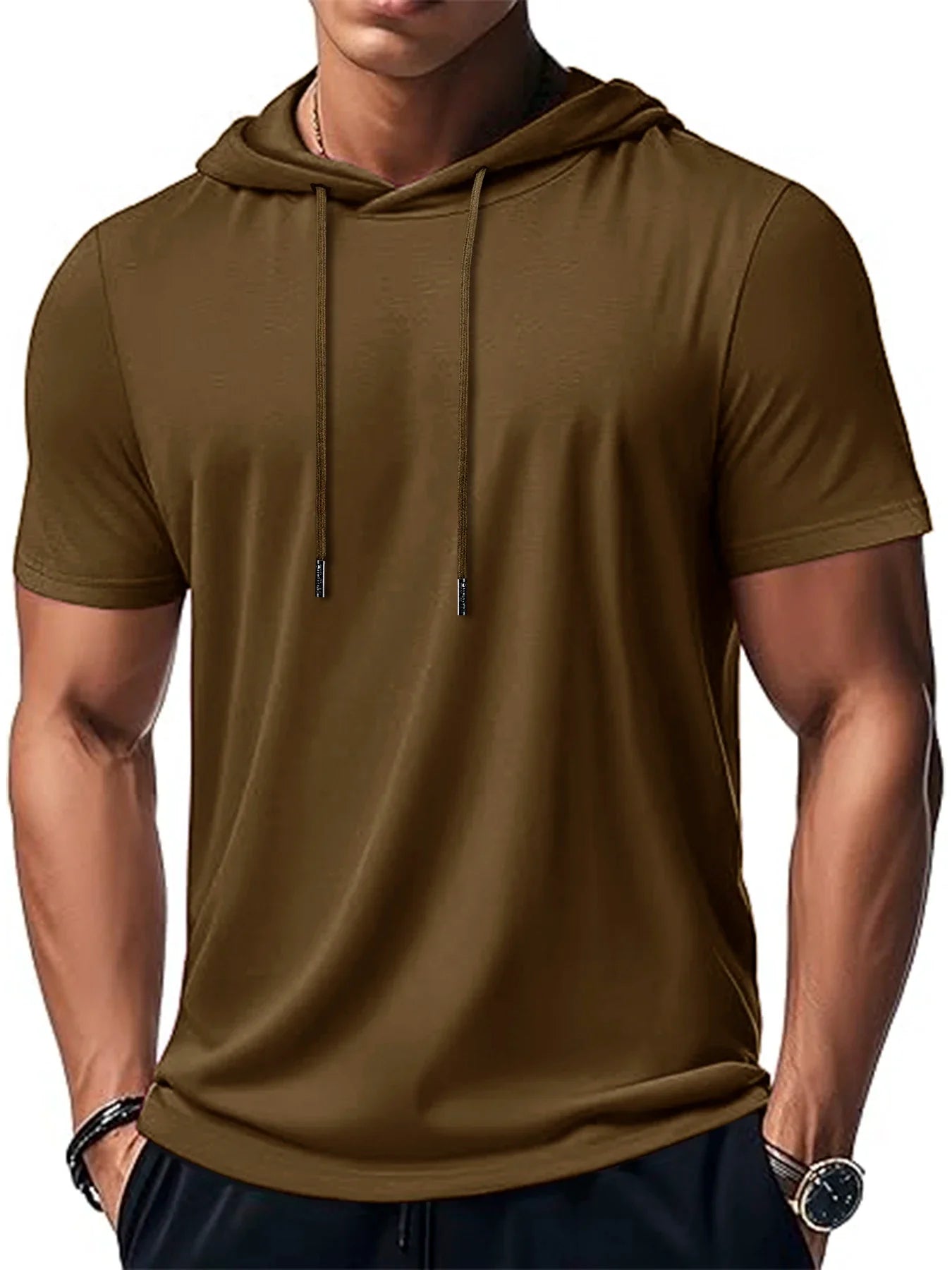 New Mens Short Sleeve Loose T-shirt Multi Solid Color Lightweight Hoodie Fitness Breathable Collar Tops Summer Hooded Sweatwear
