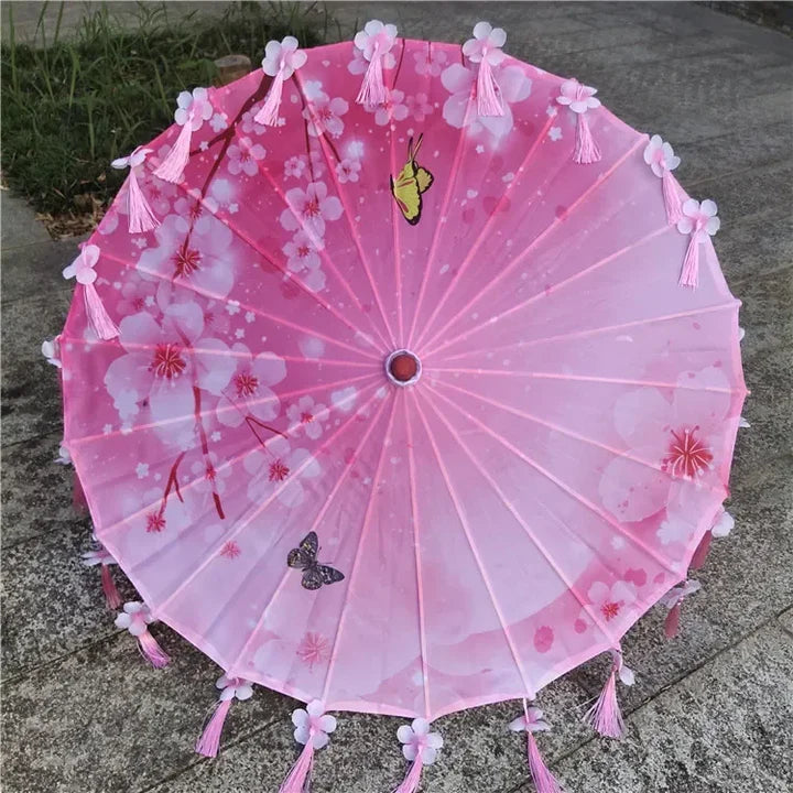 Women Umbrella Japanese Cherry Blossoms Tassel petal umbrella Chinese Style Oil Paper Umbrella