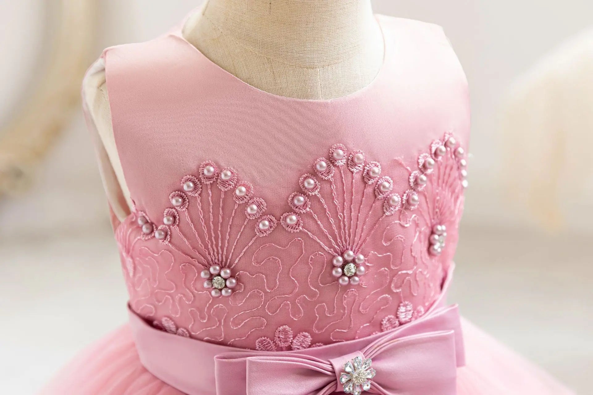 Party Dresses For Girl Formal Prom Wedding Dress Beaded Embroidery Mesh Princess Dress For Infant Baby 1st Birthday Baptism Gown