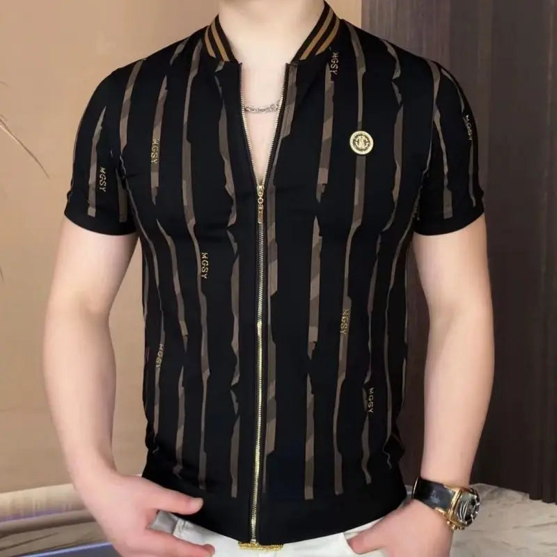Men's New Summer T-shirt Zipper Short-sleeved Cardigan Sweater Round Neck Fashionable and Handsome Top Thin