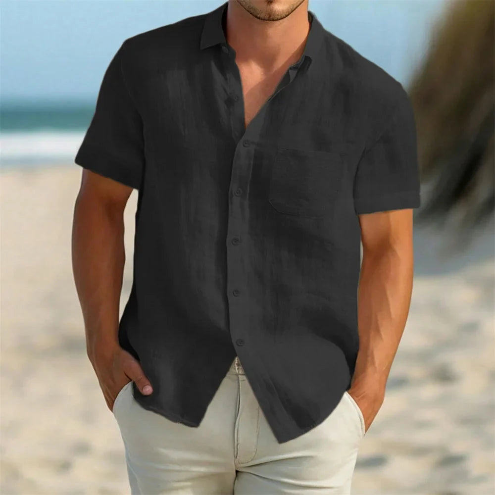 Men's Short Sleeve Shirts Cotton Linen Breathable Lightweight Cozy Beach Style Shirt Solid Color Casual Vacation Classic Tops