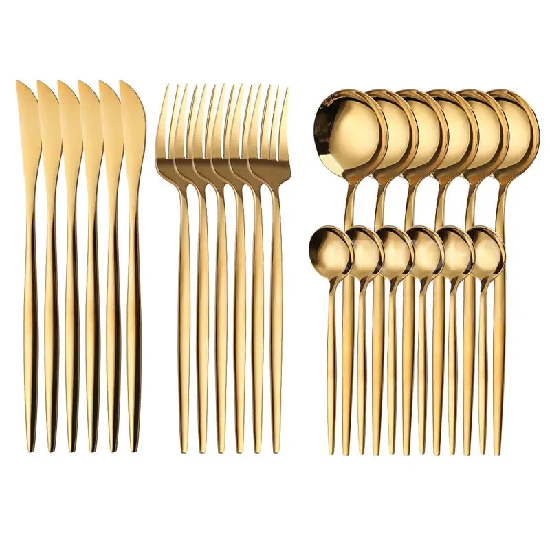 24PCS Cutlery Set Stainless Knife Fork Spoon Flatware Tableware Set Gold Gift Box Portable Dinnerware Dishwasher Kitchenware