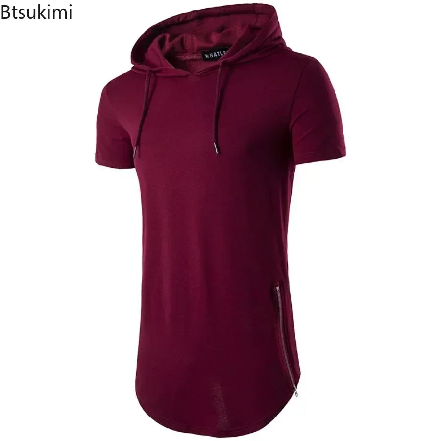 2025 Men's Summer Short Sleeve Hooded T-Shirt Solid Long Hip Hop Tops Fashion Side Zipper Streetwear Casual Sport Tees for Men