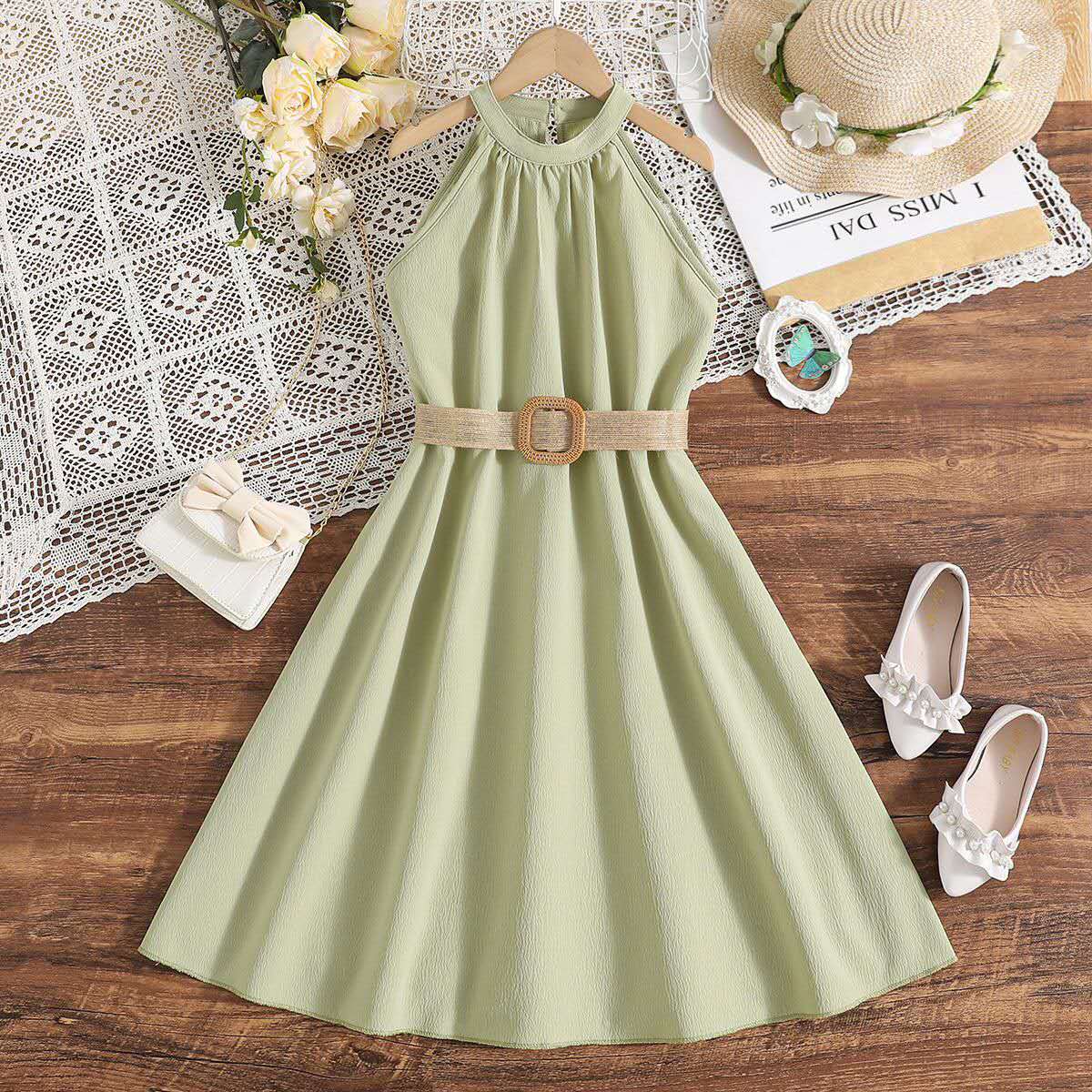 summer new girl's halter dress solid color cute long dress teenage big girls clothes with belt fashion kids clothes