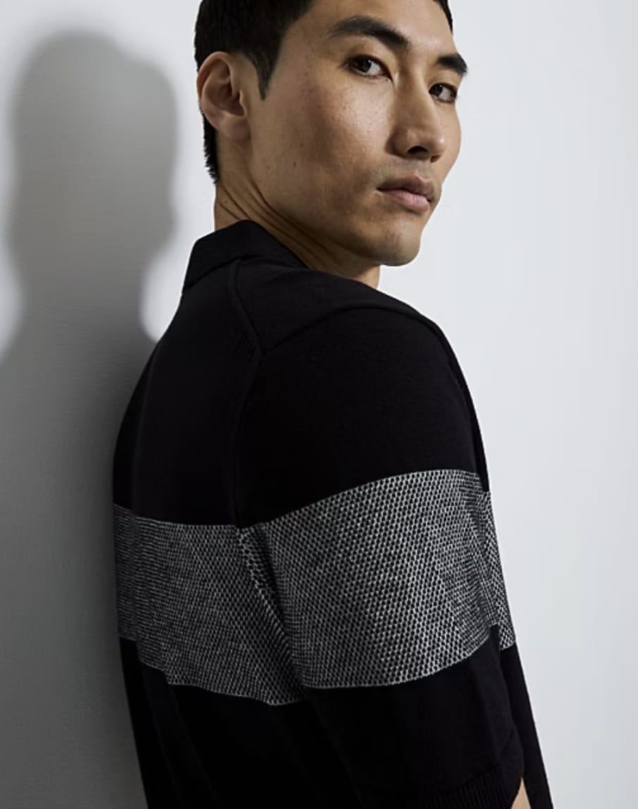 Black Textured Striped Knitted Polo