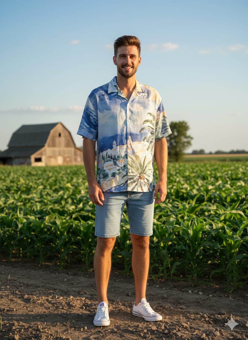 Tom Tailor Loose Fit Cuban Collar Print Half Shirt