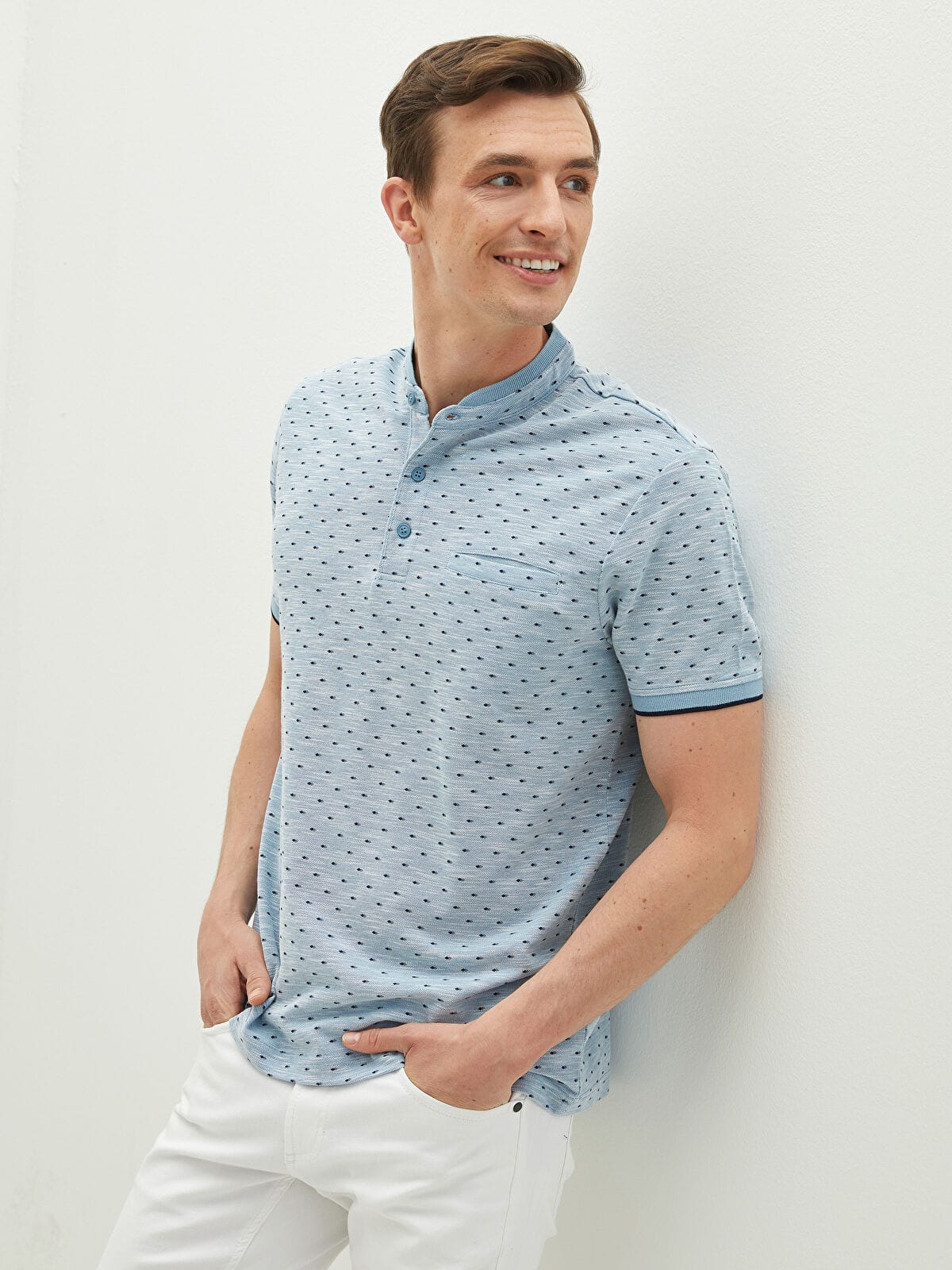 LC Waikiki Grandad Collar Short Sleeve Patterned T-Shirt – Blue