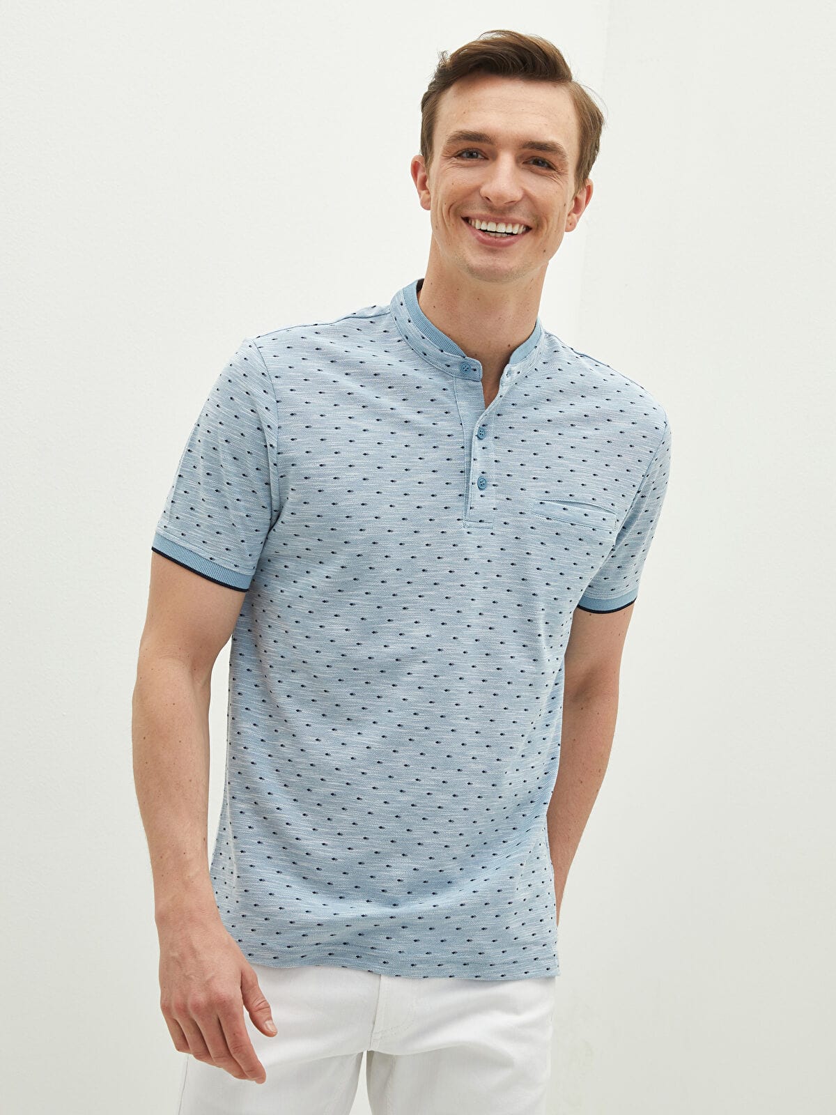 LC Waikiki Grandad Collar Short Sleeve Patterned T-Shirt – Blue