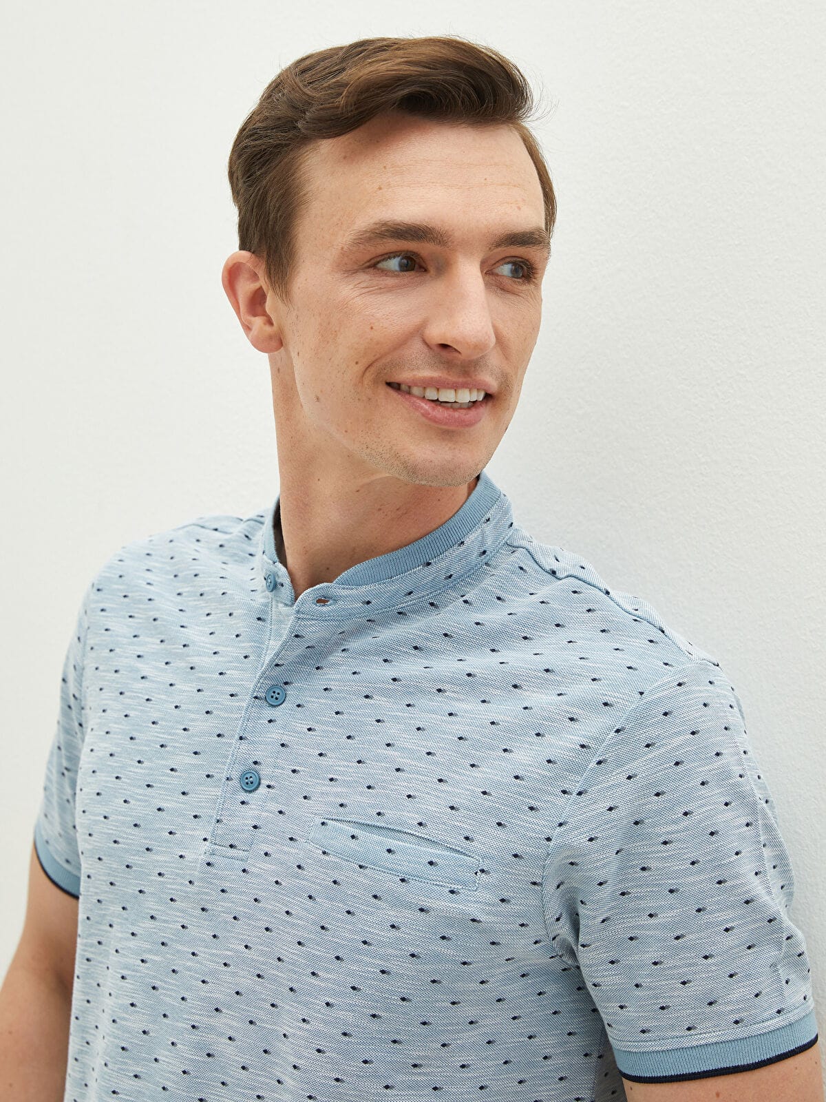 LC Waikiki Grandad Collar Short Sleeve Patterned T-Shirt – Blue