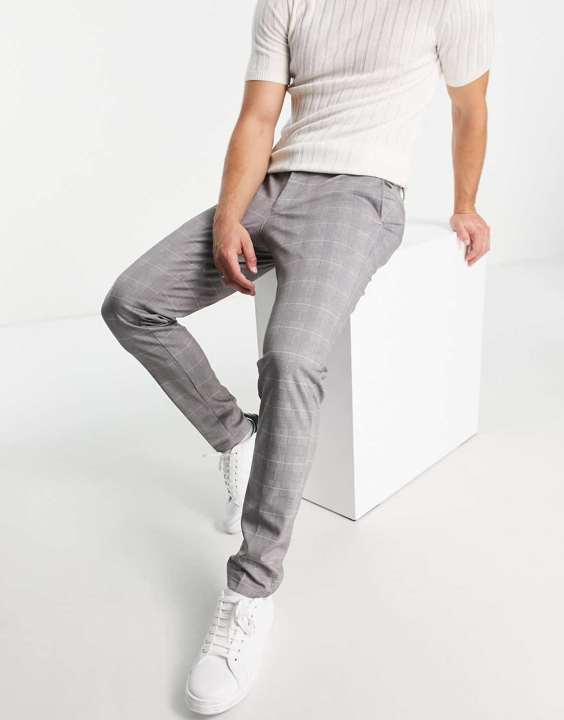 Jack & Jones Intelligence Slim Fit Jersey Trousers – Grey Check