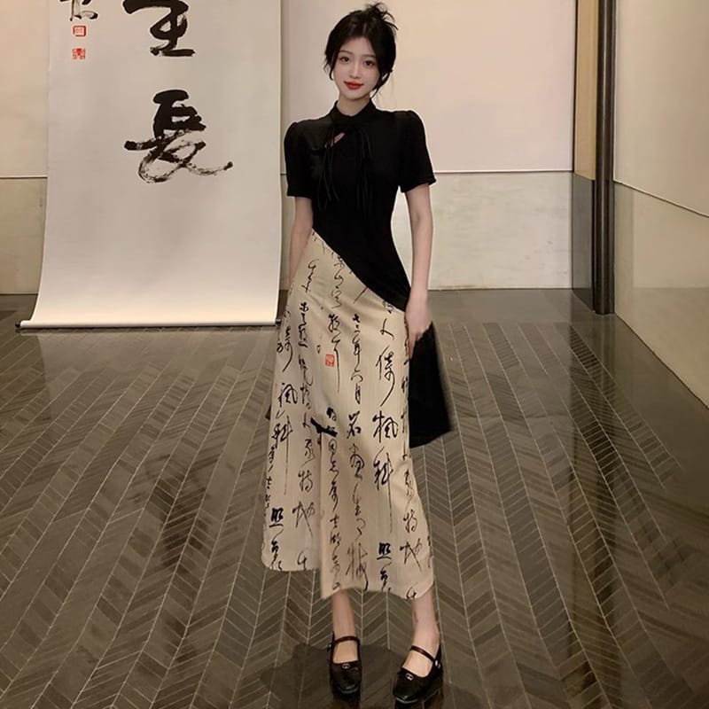 New Chinese Style High Grade Irregular Calligraphy Half Body Dress Fashion Qipao Two Piece Set Skirt Women's Summer Hanfu Suit