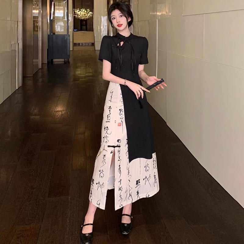 New Chinese Style High Grade Irregular Calligraphy Half Body Dress Fashion Qipao Two Piece Set Skirt Women's Summer Hanfu Suit