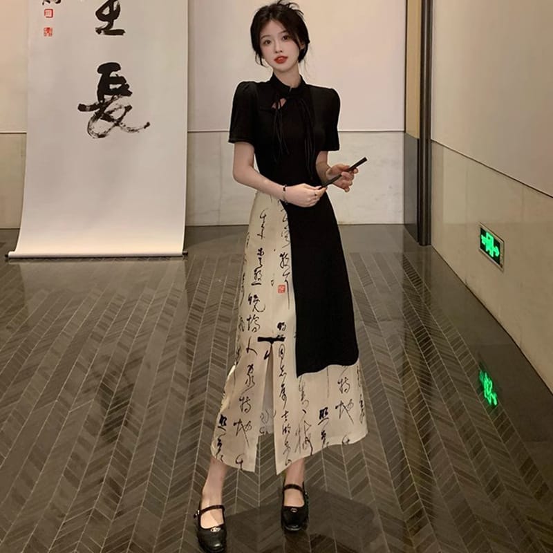 New Chinese Style High Grade Irregular Calligraphy Half Body Dress Fashion Qipao Two Piece Set Skirt Women's Summer Hanfu Suit