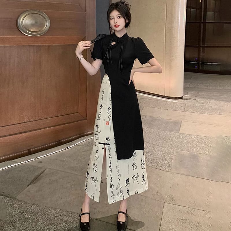 New Chinese Style High Grade Irregular Calligraphy Half Body Dress Fashion Qipao Two Piece Set Skirt Women's Summer Hanfu Suit