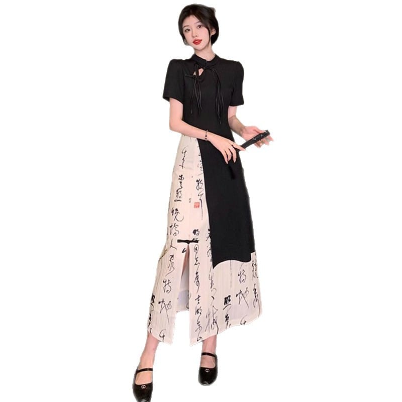 New Chinese Style High Grade Irregular Calligraphy Half Body Dress Fashion Qipao Two Piece Set Skirt Women's Summer Hanfu Suit