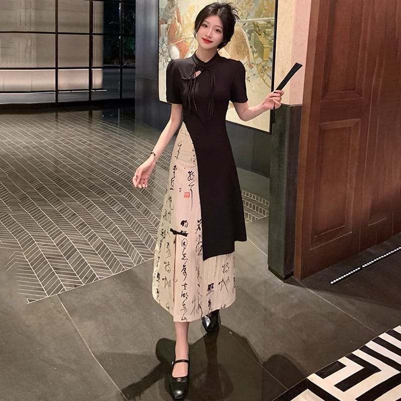 New Chinese Style High Grade Irregular Calligraphy Half Body Dress Fashion Qipao Two Piece Set Skirt Women's Summer Hanfu Suit