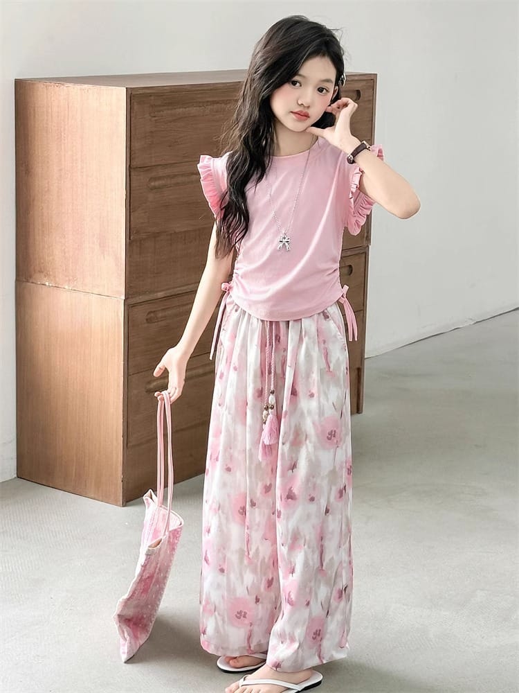 Children's Sets Girls Summer Thin Wide Leg Pants Set: Korean Trendy T-Shirt Two-Piece for Big Kids