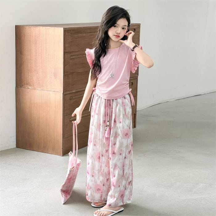Children's Sets Girls Summer Thin Wide Leg Pants Set: Korean Trendy T-Shirt Two-Piece for Big Kids