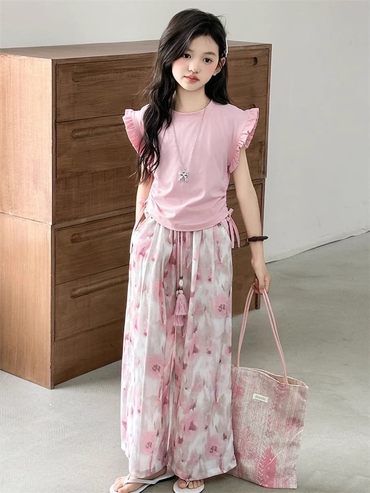 Children's Sets Girls Summer Thin Wide Leg Pants Set: Korean Trendy T-Shirt Two-Piece for Big Kids