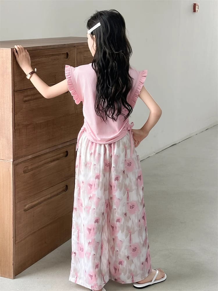 Children's Sets Girls Summer Thin Wide Leg Pants Set: Korean Trendy T-Shirt Two-Piece for Big Kids