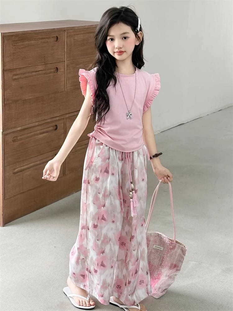 Children's Sets Girls Summer Thin Wide Leg Pants Set: Korean Trendy T-Shirt Two-Piece for Big Kids
