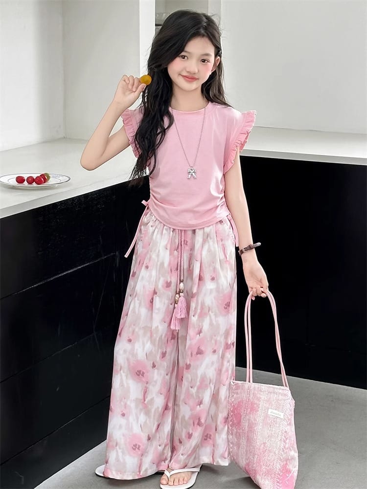 Children's Sets Girls Summer Thin Wide Leg Pants Set: Korean Trendy T-Shirt Two-Piece for Big Kids