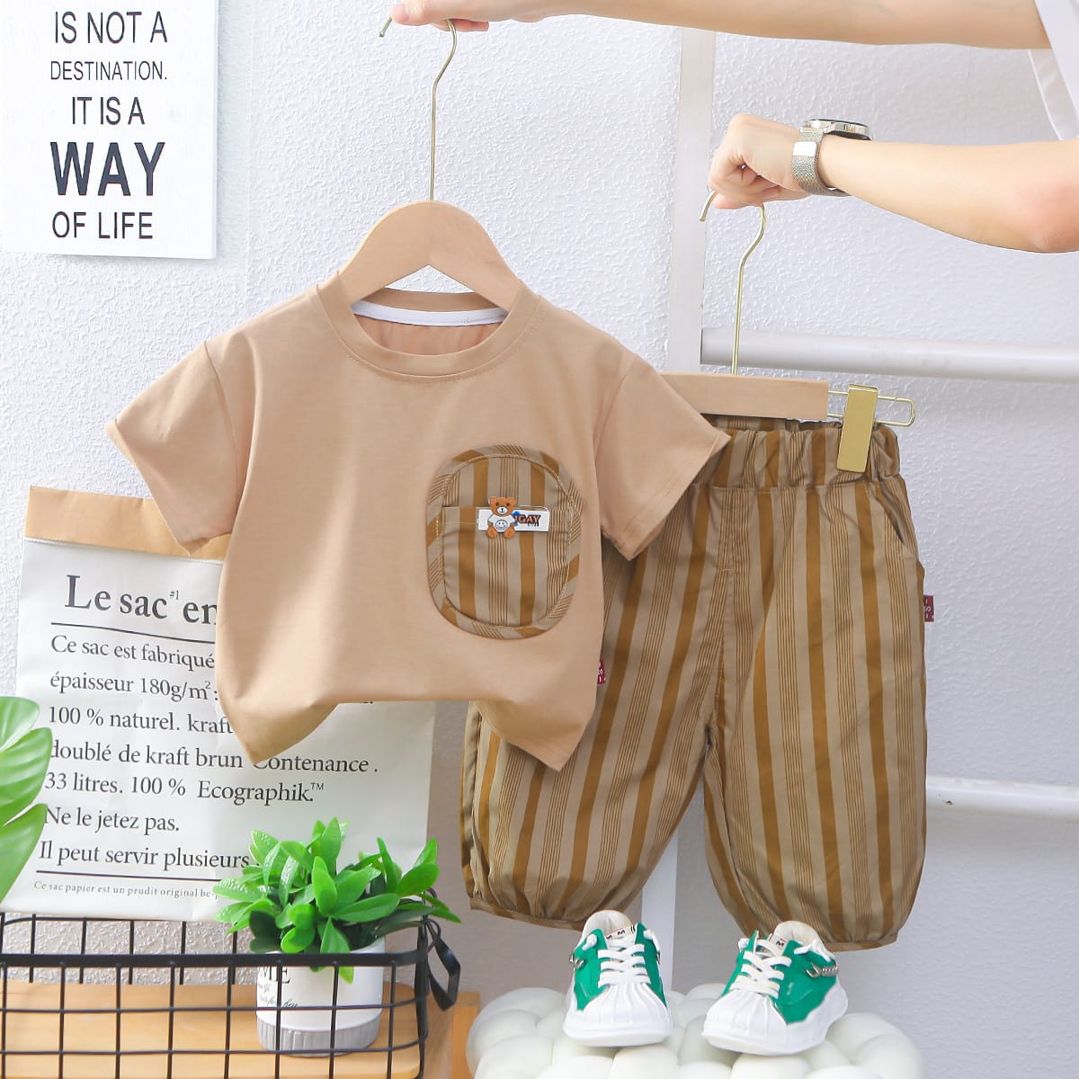 Summer Kid's Clothing Sets Boys' Short Sleeve Outfit Vertical Stripes T-shirt Pants 2Pcs Trendy Children's Costume Stylish
