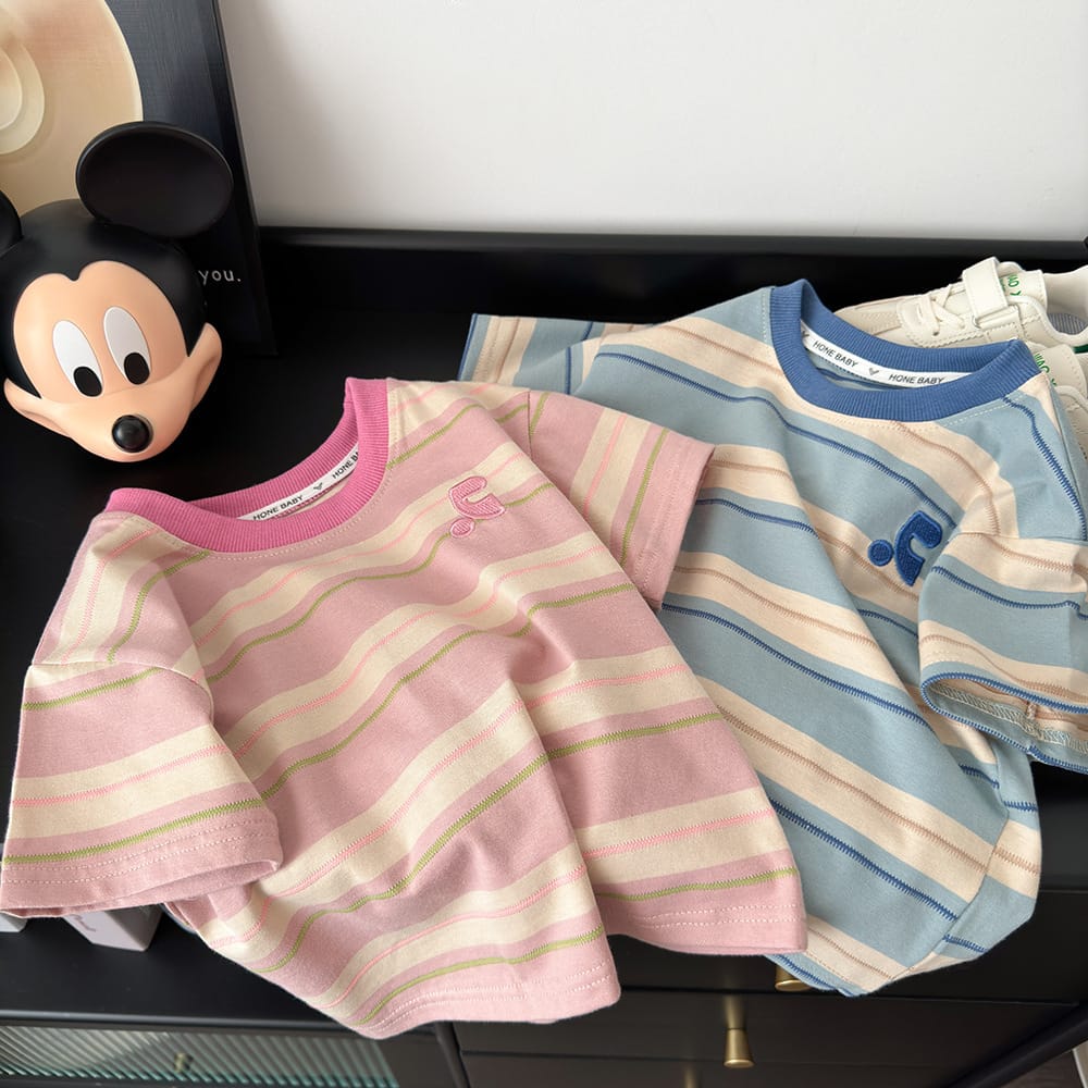 Summer Cotton Children Striped Short Sleeved Embroidered T-shirt for Boys and Girls Korean Versatile Short T-shirts Fashion Top