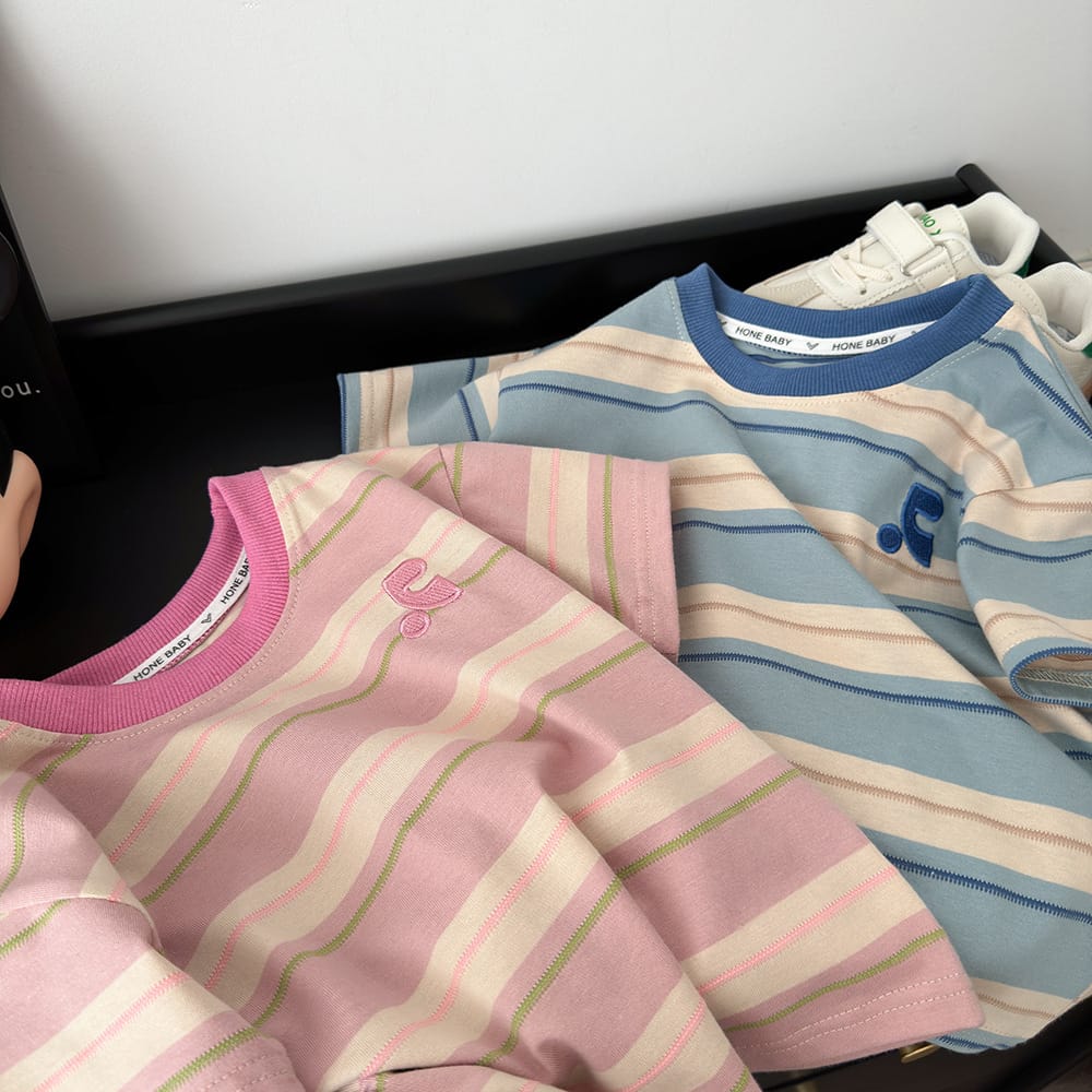 Summer Cotton Children Striped Short Sleeved Embroidered T-shirt for Boys and Girls Korean Versatile Short T-shirts Fashion Top