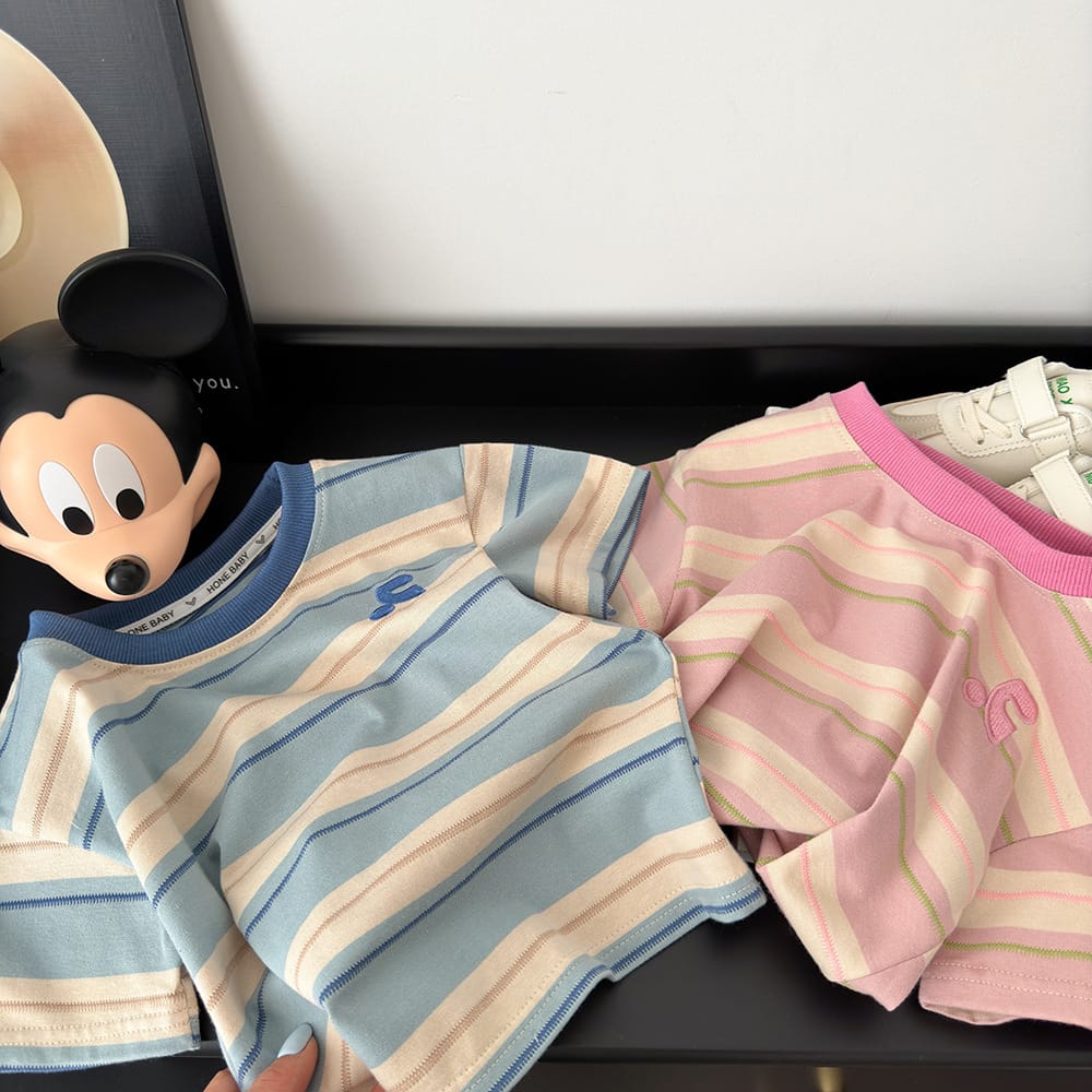 Summer Cotton Children Striped Short Sleeved Embroidered T-shirt for Boys and Girls Korean Versatile Short T-shirts Fashion Top