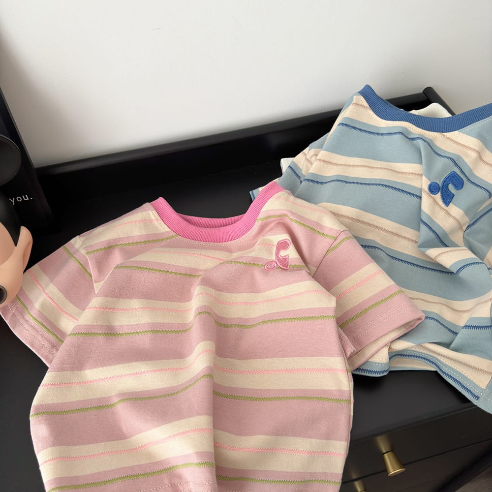 Summer Cotton Children Striped Short Sleeved Embroidered T-shirt for Boys and Girls Korean Versatile Short T-shirts Fashion Top