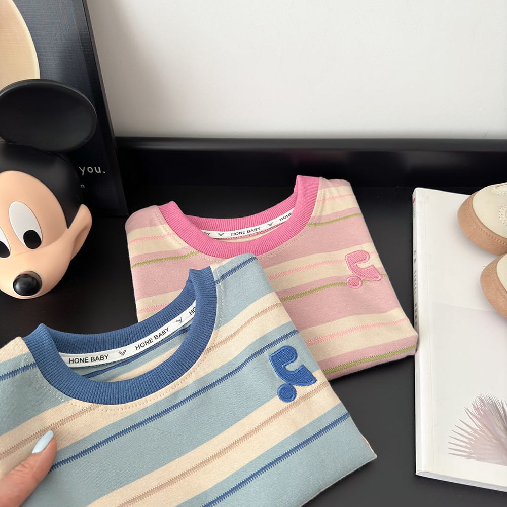 Summer Cotton Children Striped Short Sleeved Embroidered T-shirt for Boys and Girls Korean Versatile Short T-shirts Fashion Top